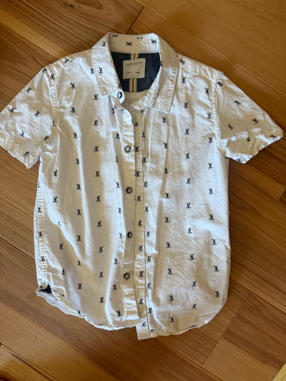 Boys Denim & Flower White Short-Sleeve Button-Down Shirt with Black Micro Print